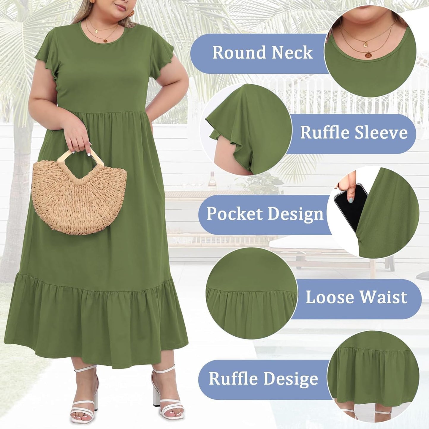 Women's 2025 Plus Size Casual Dress Crew Neck Ruffle Short