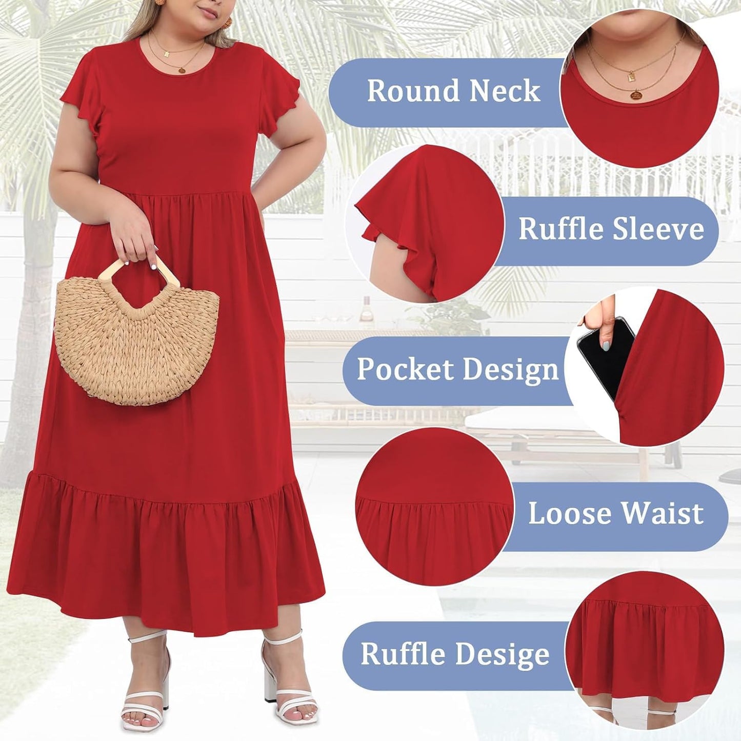 Women's 2025 Plus Size Casual Dress Crew Neck Ruffle Short