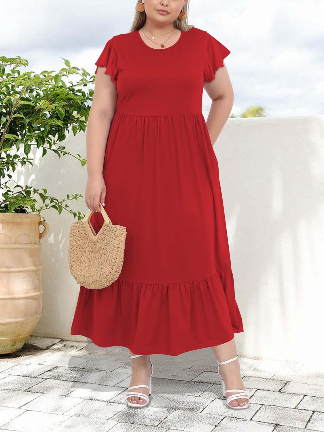 Women's 2025 Plus Size Casual Dress Crew Neck Ruffle Short