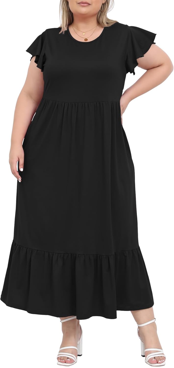 Women's 2025 Plus Size Casual Dress Crew Neck Ruffle Short