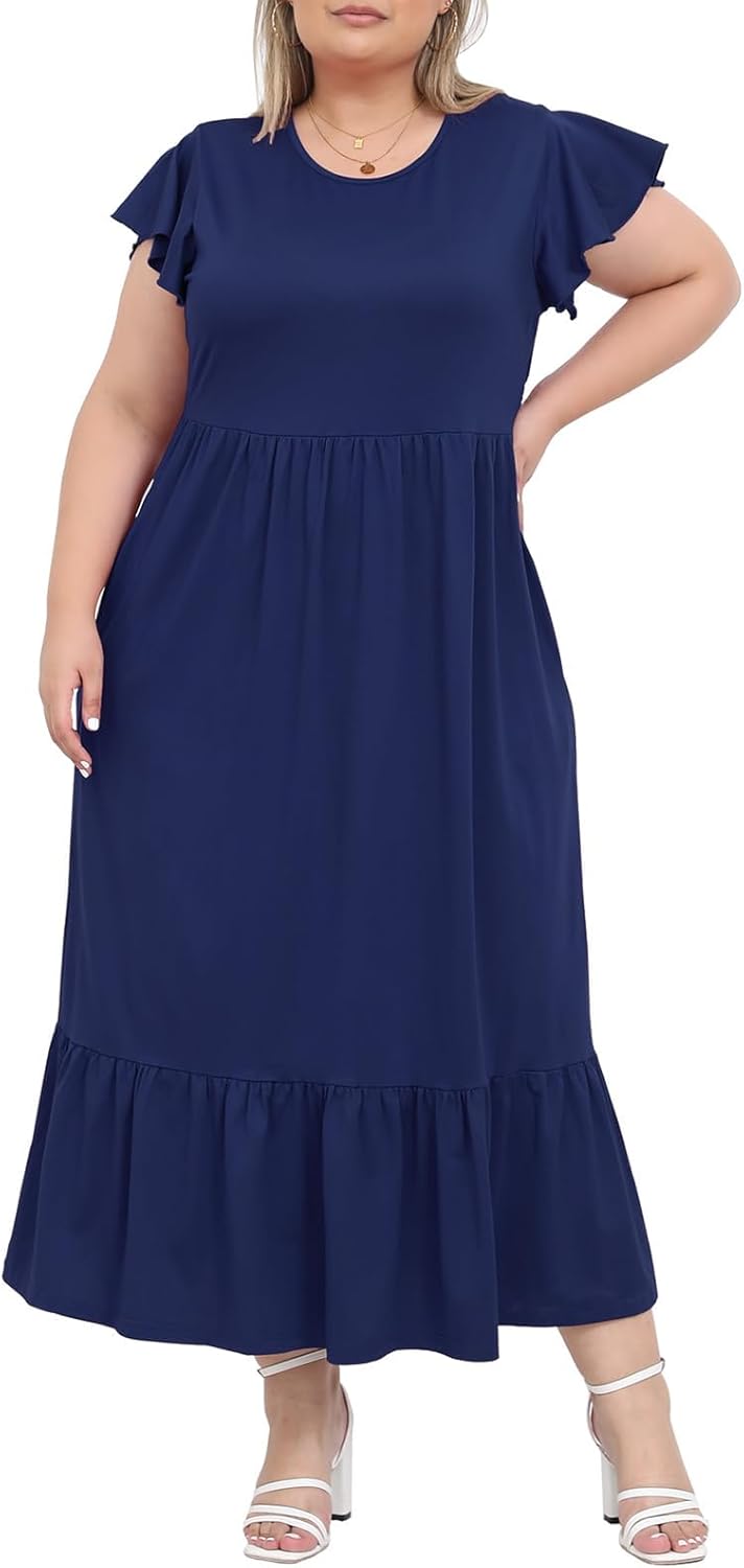 Women's 2025 Plus Size Casual Dress Crew Neck Ruffle Short