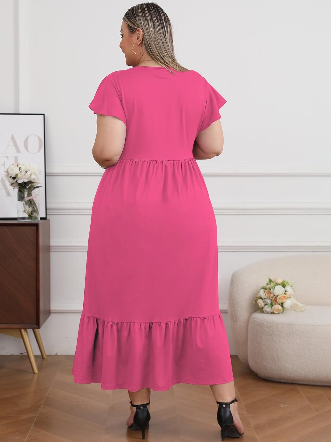 Women's 2025 Plus Size Casual Dress Crew Neck Ruffle Short