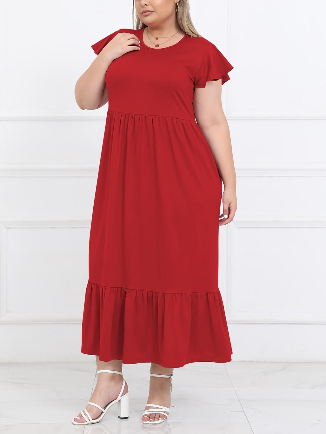 Women's 2025 Plus Size Casual Dress Crew Neck Ruffle Short