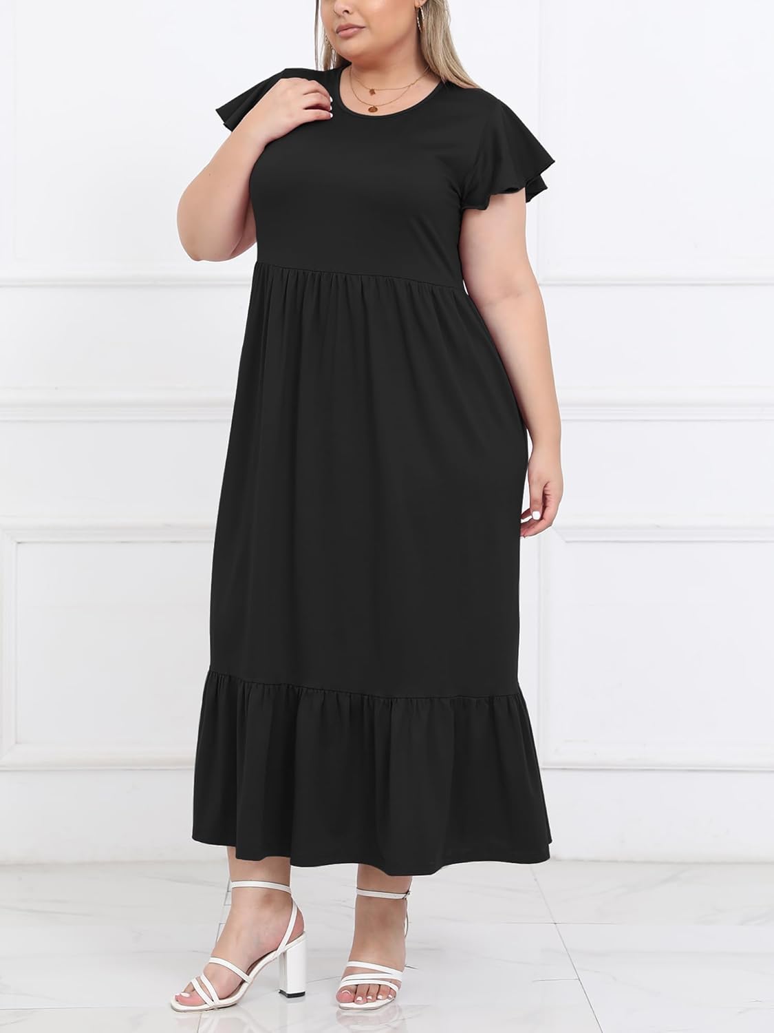 Women's 2025 Plus Size Casual Dress Crew Neck Ruffle Short