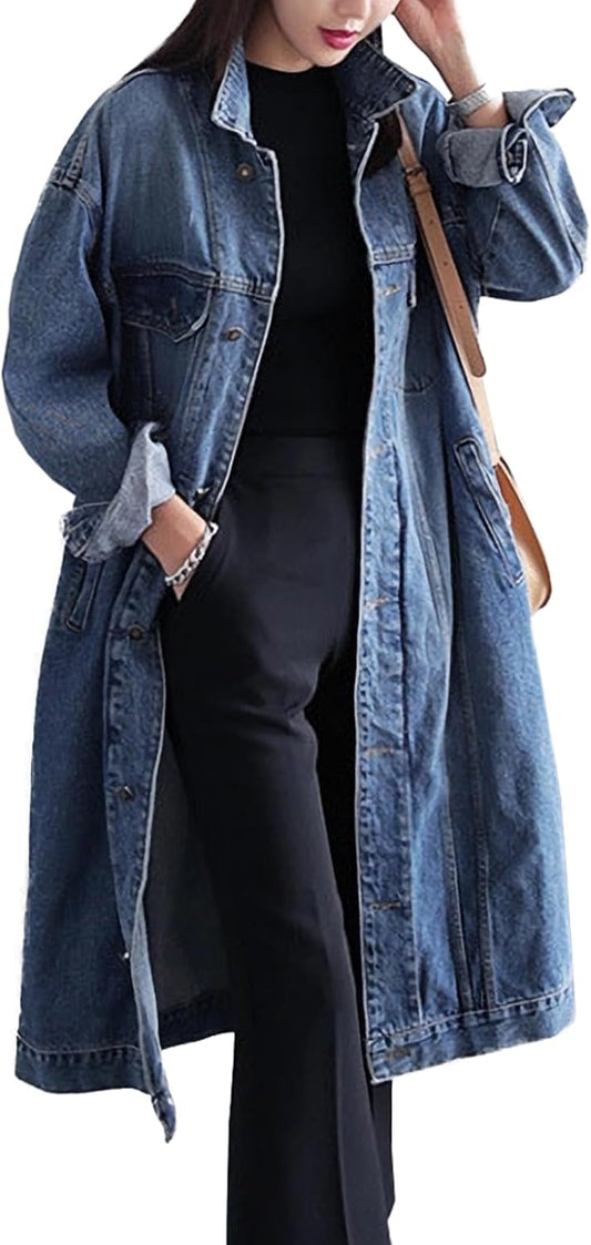 Womens Classic Jean Jacket Plus Size Loose Long Sleeve Button