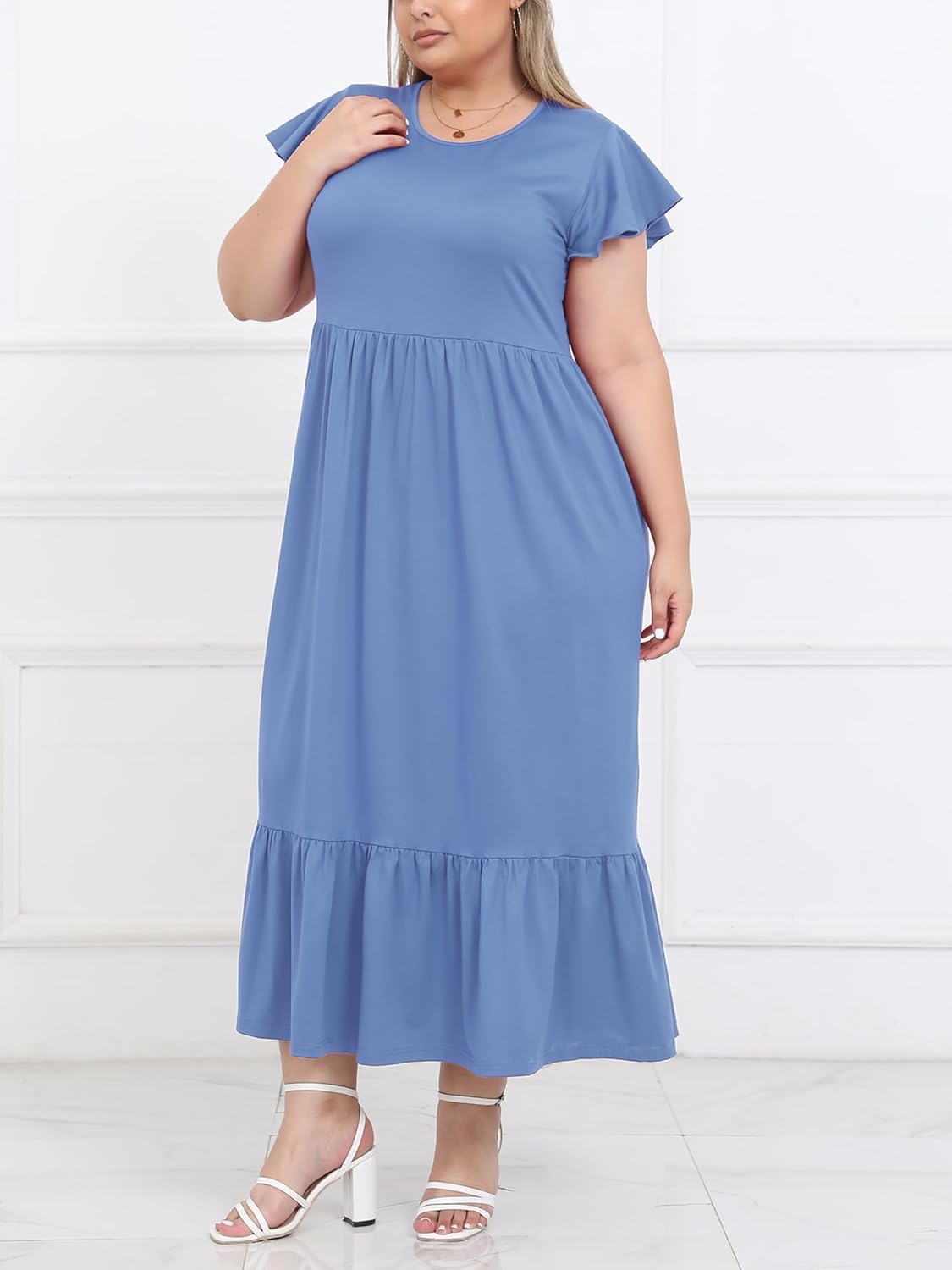 Women's 2025 Plus Size Casual Dress Crew Neck Ruffle Short