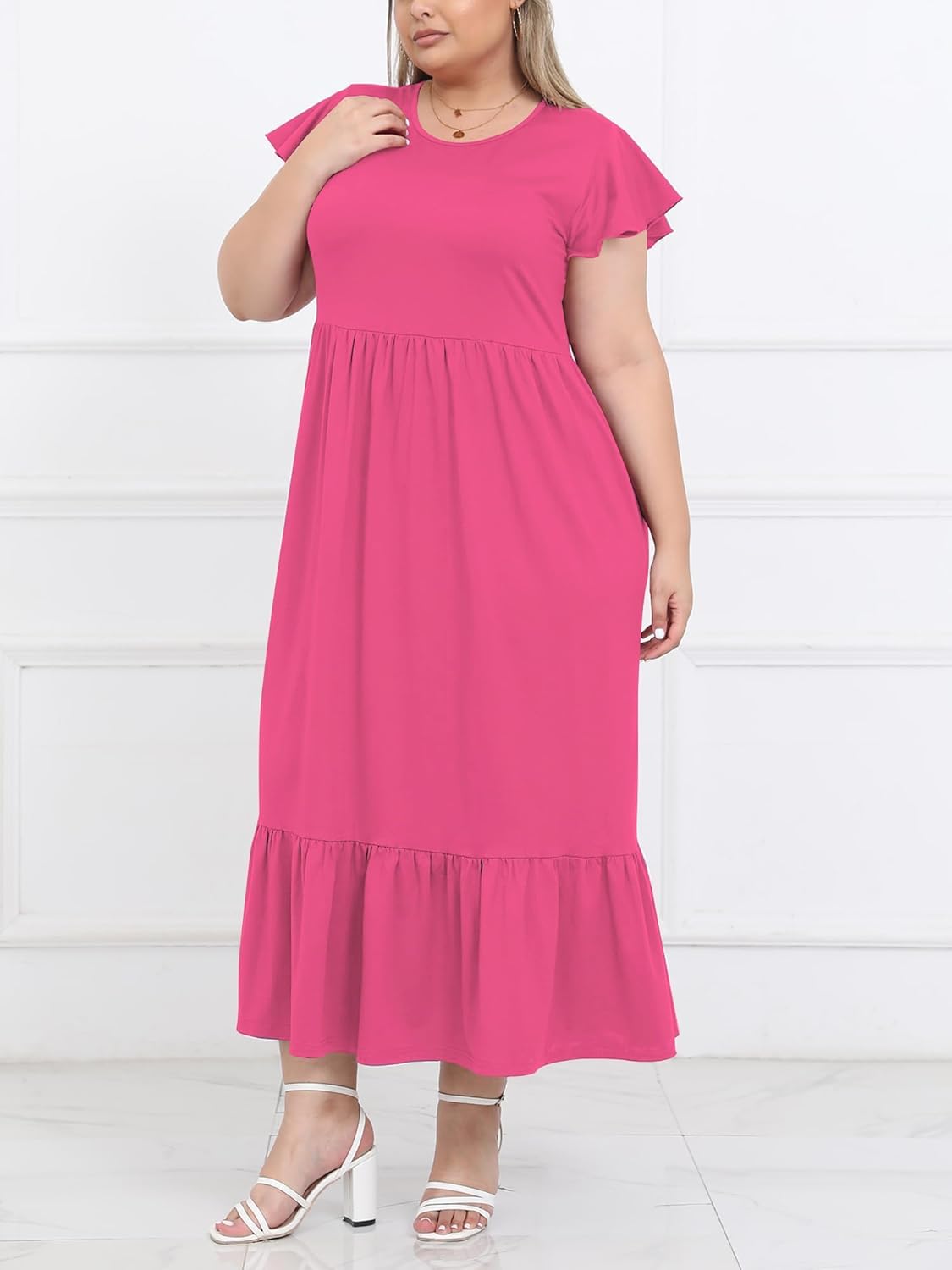 Women's 2025 Plus Size Casual Dress Crew Neck Ruffle Short