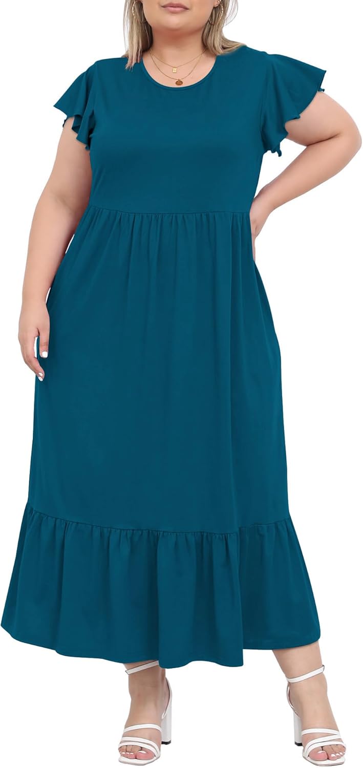 Women's 2025 Plus Size Casual Dress Crew Neck Ruffle Short