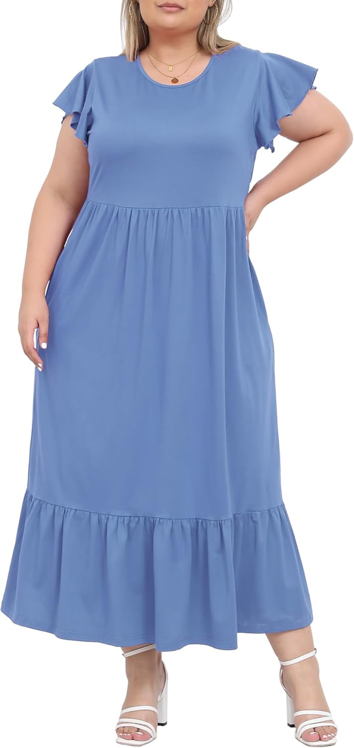Women's 2025 Plus Size Casual Dress Crew Neck Ruffle Short