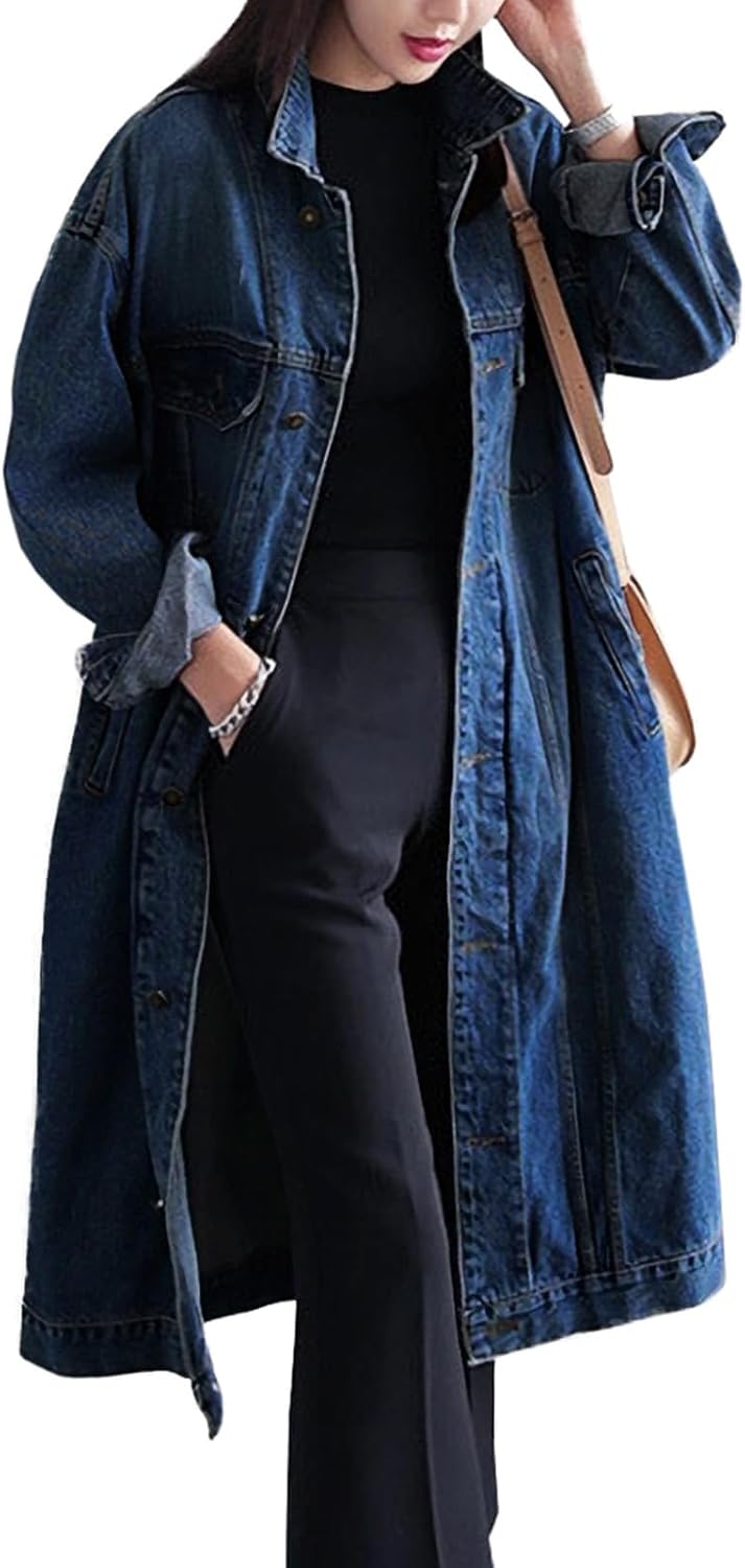 Womens Classic Jean Jacket Plus Size Loose Long Sleeve Button