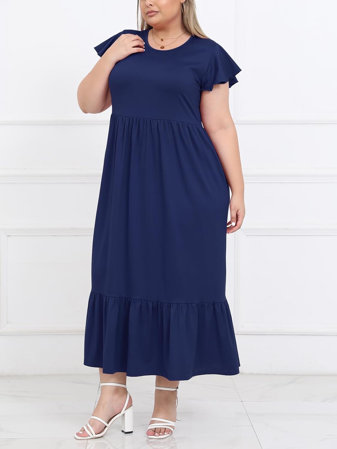 Women's 2025 Plus Size Casual Dress Crew Neck Ruffle Short