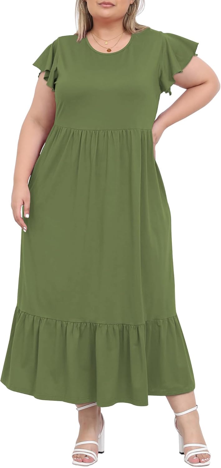 Women's 2025 Plus Size Casual Dress Crew Neck Ruffle Short