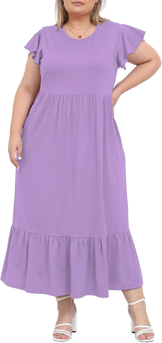 Women's 2025 Plus Size Casual Dress Crew Neck Ruffle Short