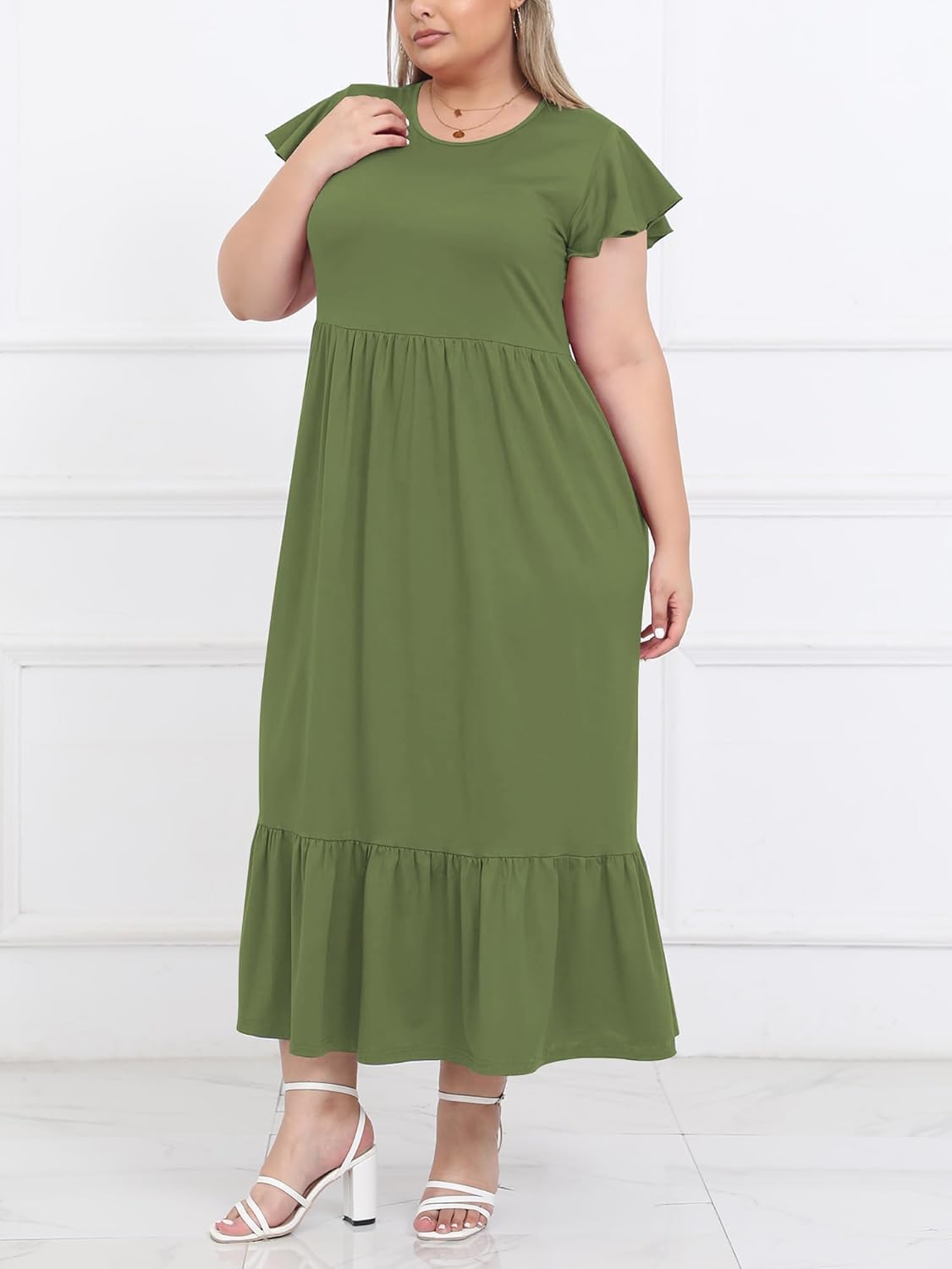 Women's 2025 Plus Size Casual Dress Crew Neck Ruffle Short