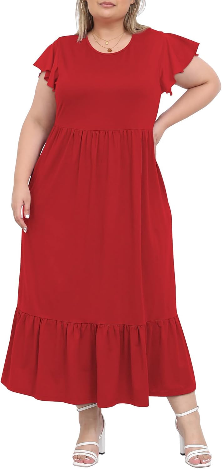 Women's 2025 Plus Size Casual Dress Crew Neck Ruffle Short