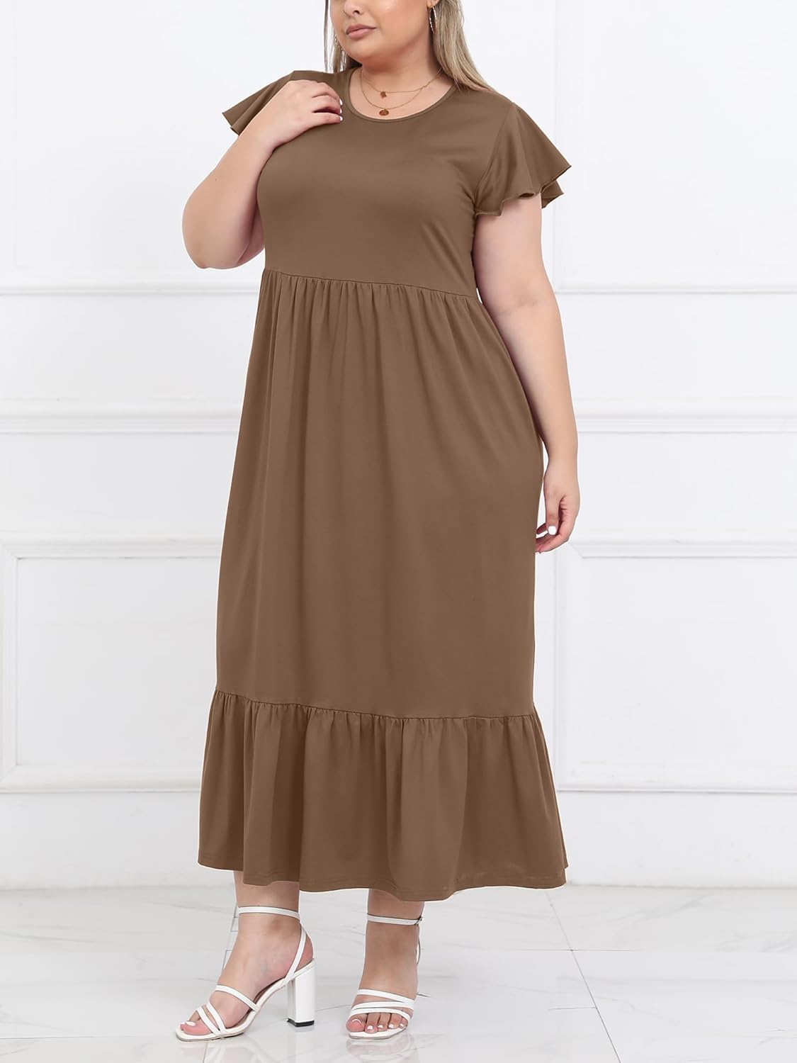 Women's 2025 Plus Size Casual Dress Crew Neck Ruffle Short