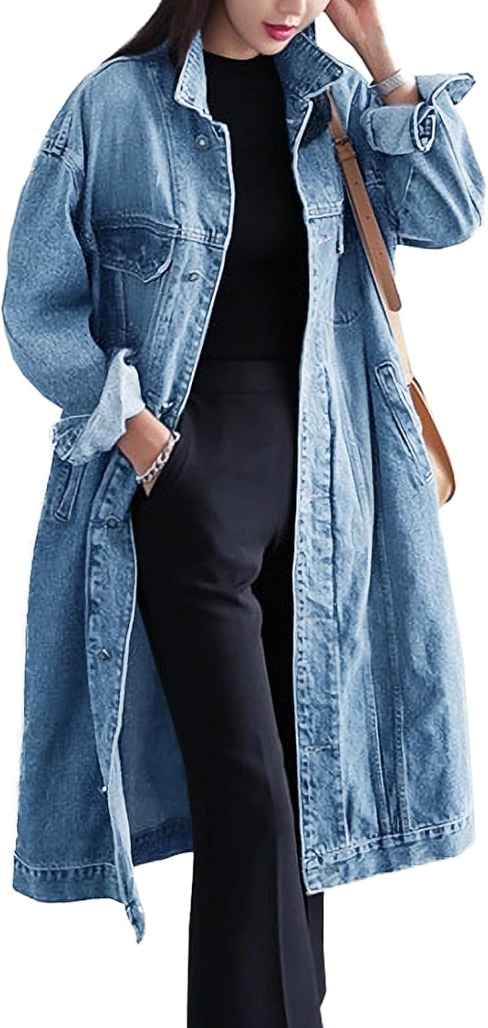 Womens Classic Jean Jacket Plus Size Loose Long Sleeve Button
