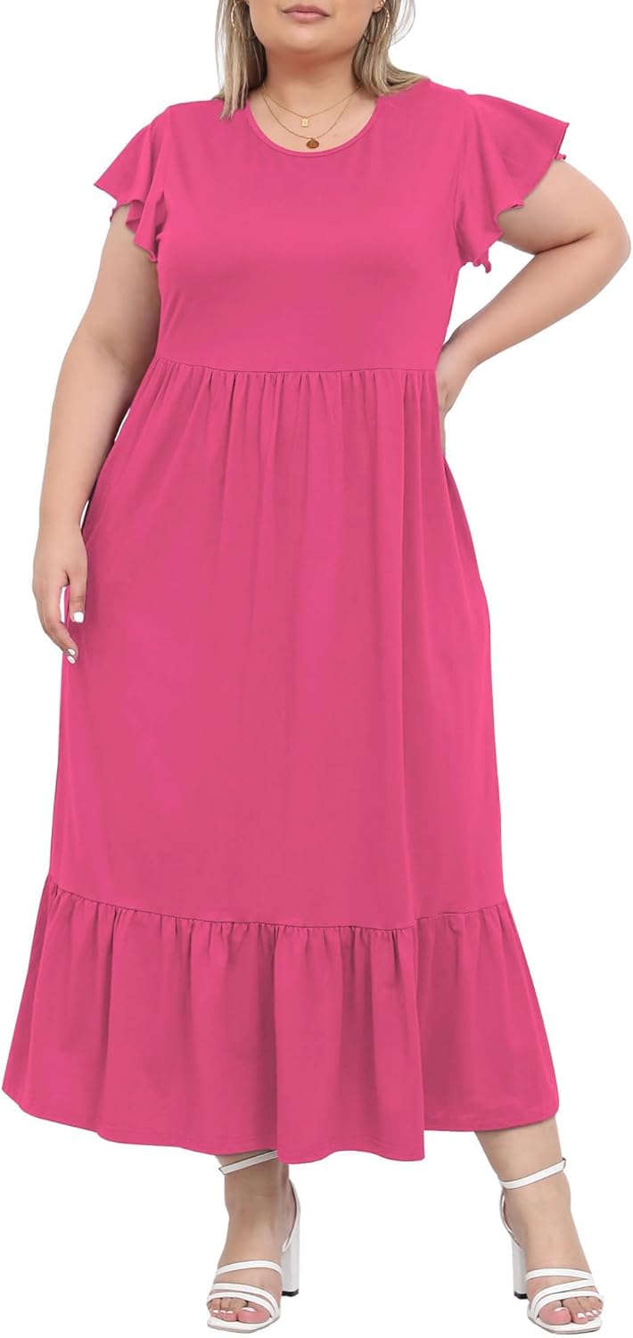 Women's 2025 Plus Size Casual Dress Crew Neck Ruffle Short