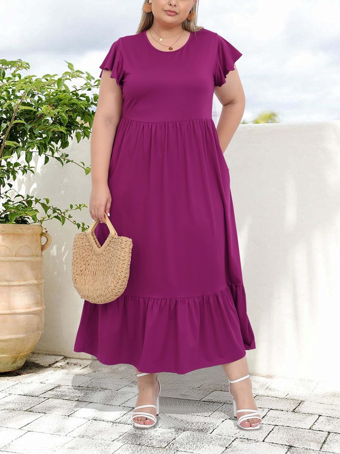 Women's 2025 Plus Size Casual Dress Crew Neck Ruffle Short
