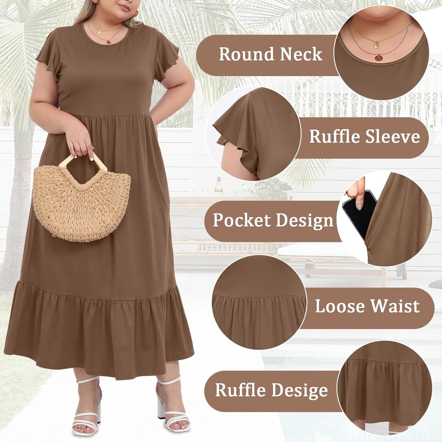 Women's 2025 Plus Size Casual Dress Crew Neck Ruffle Short