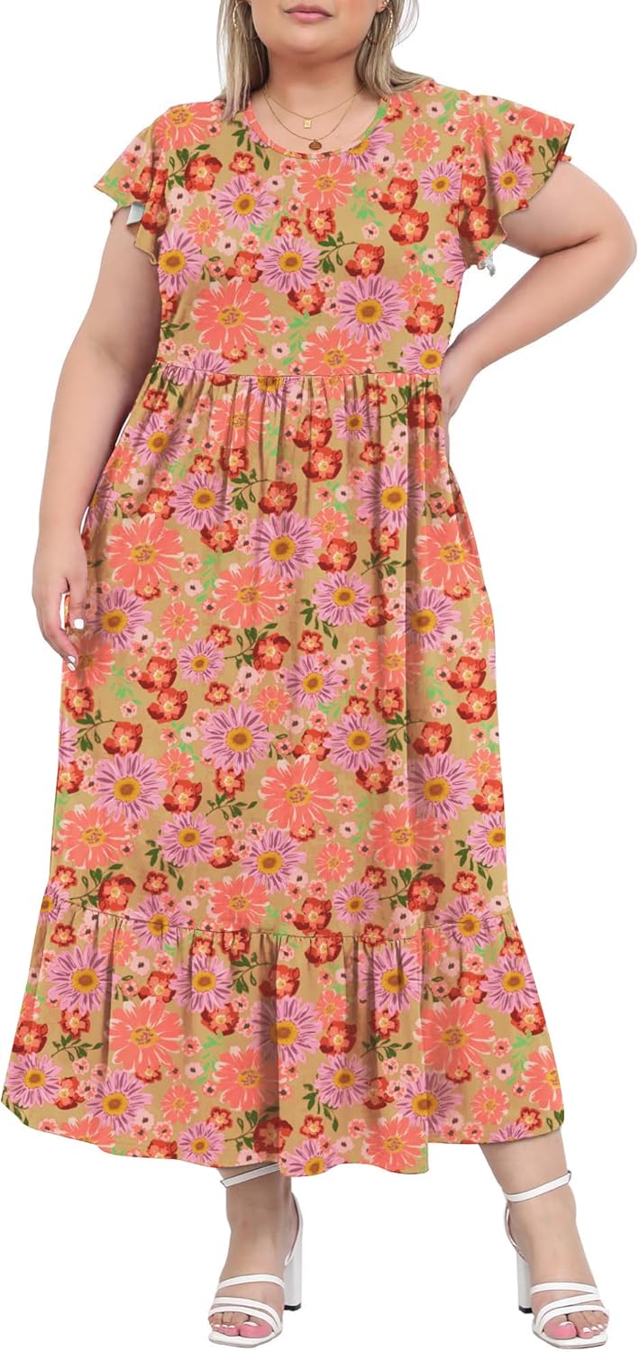Women's 2025 Plus Size Casual Dress Crew Neck Ruffle Short