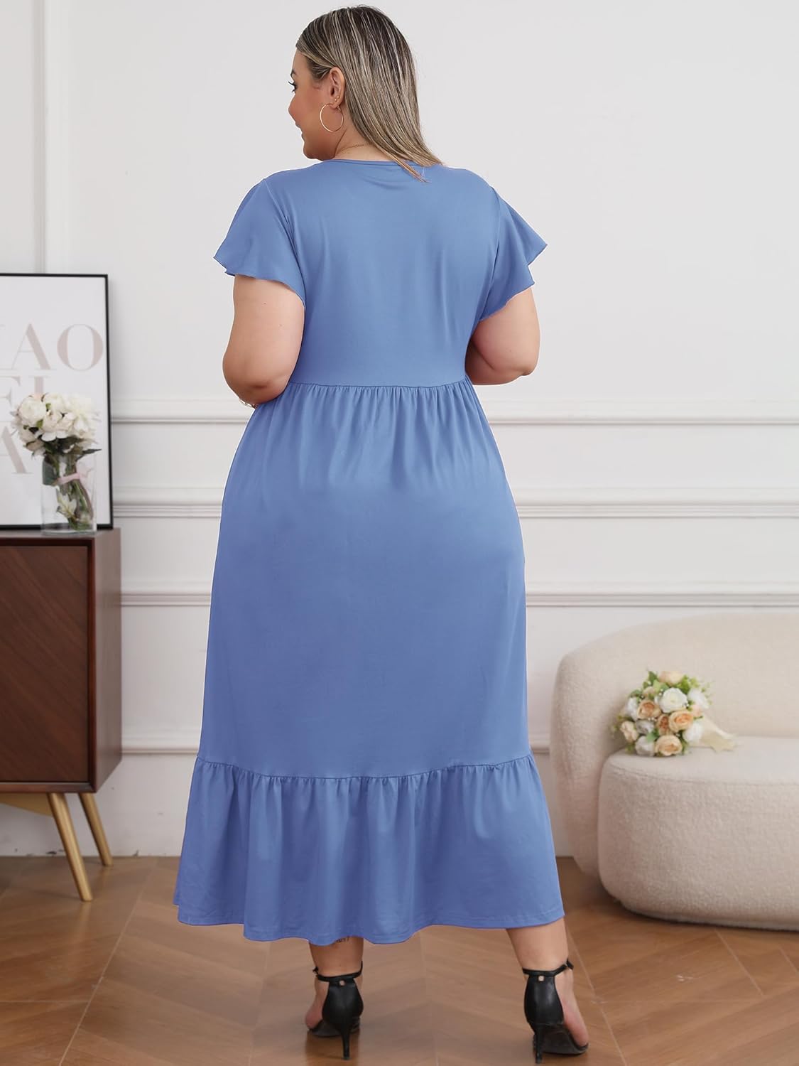 Women's 2025 Plus Size Casual Dress Crew Neck Ruffle Short