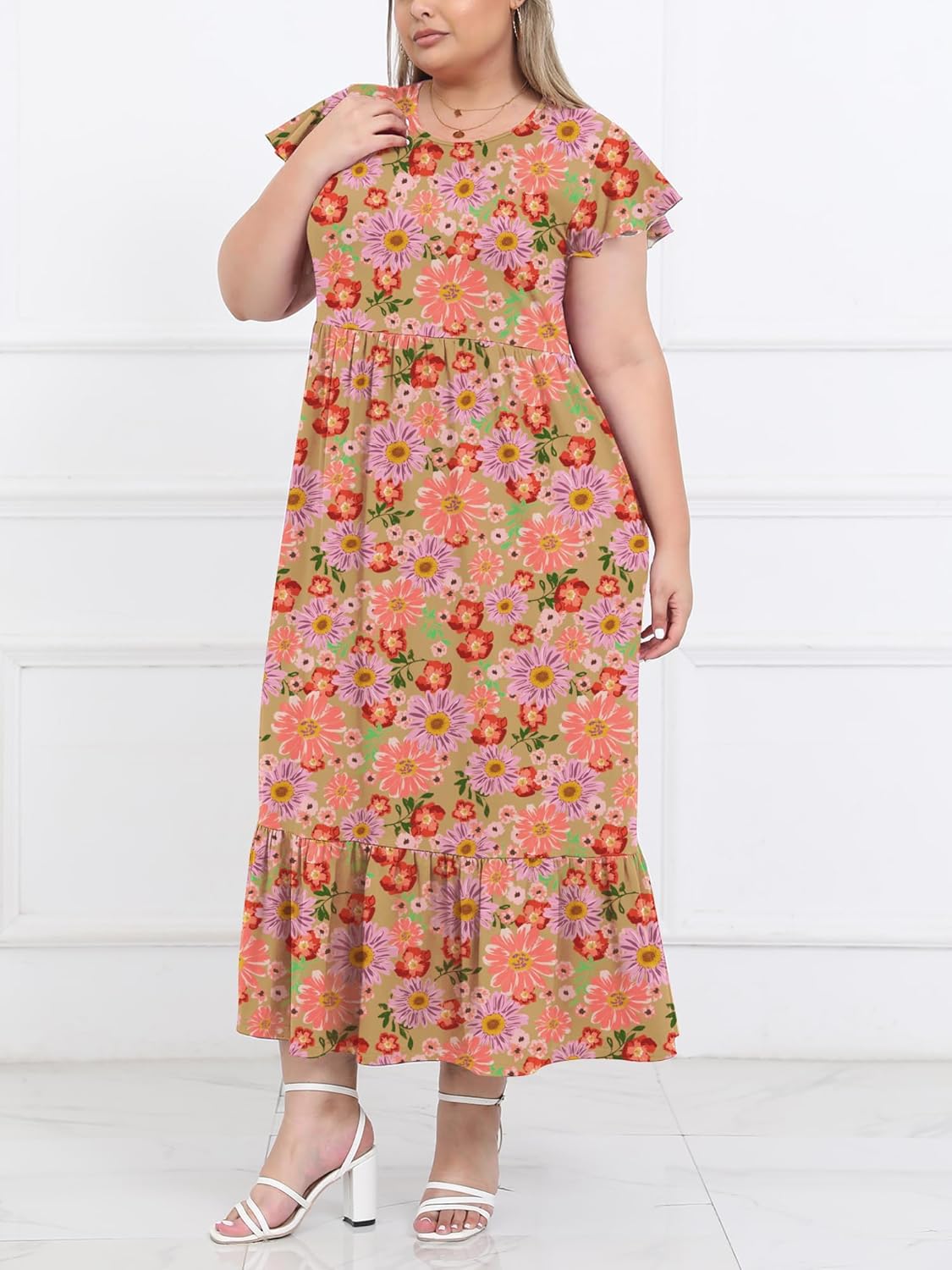 Women's 2025 Plus Size Casual Dress Crew Neck Ruffle Short