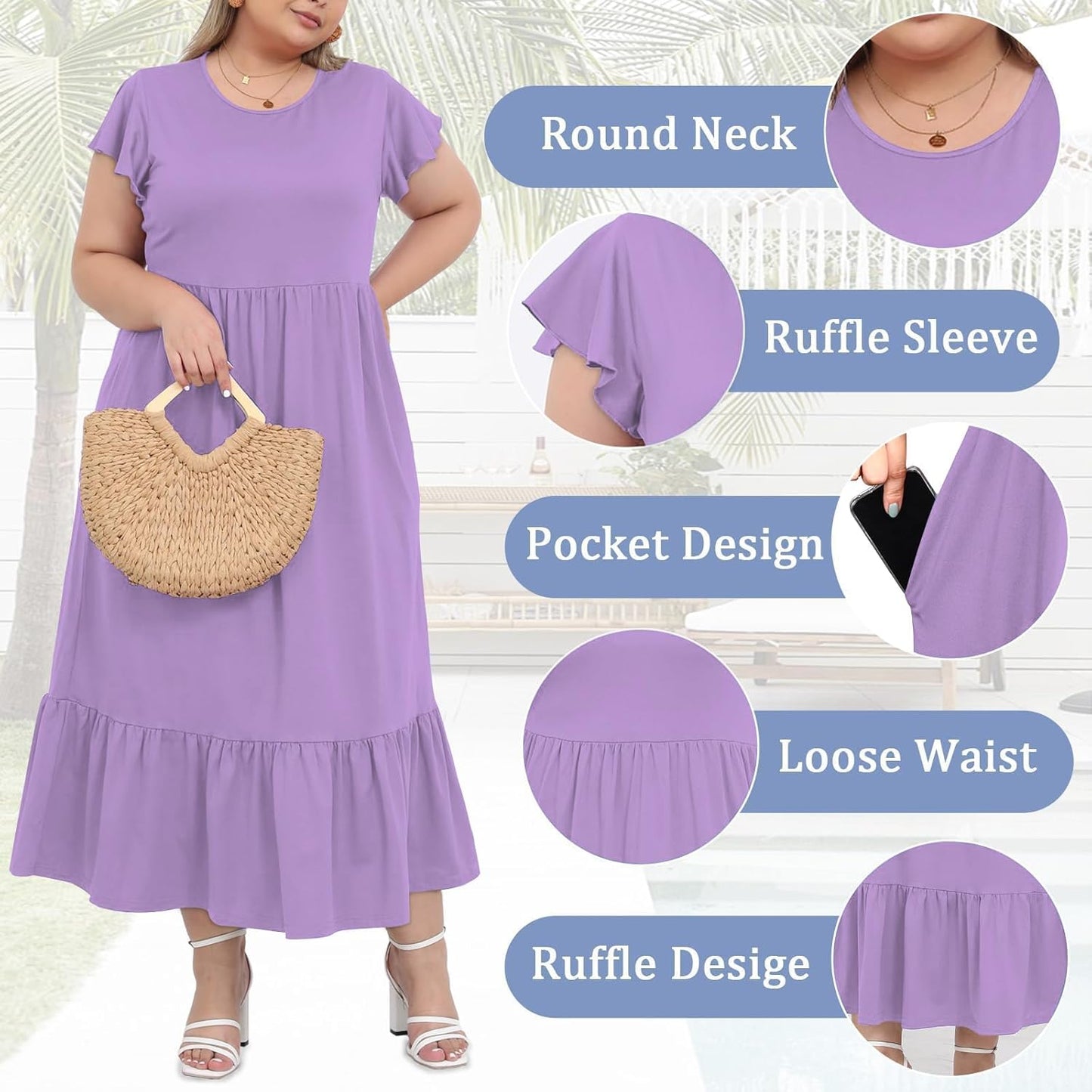 Women's 2025 Plus Size Casual Dress Crew Neck Ruffle Short