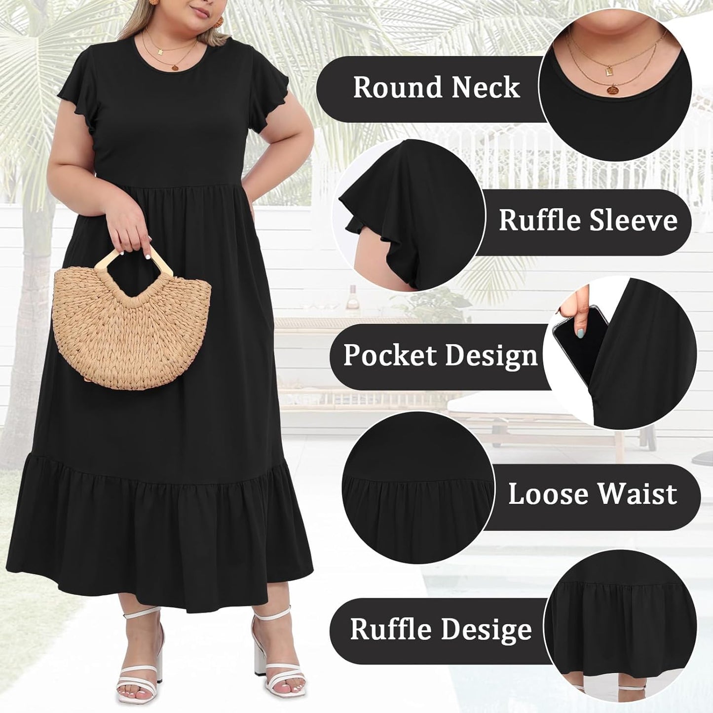 Women's 2025 Plus Size Casual Dress Crew Neck Ruffle Short