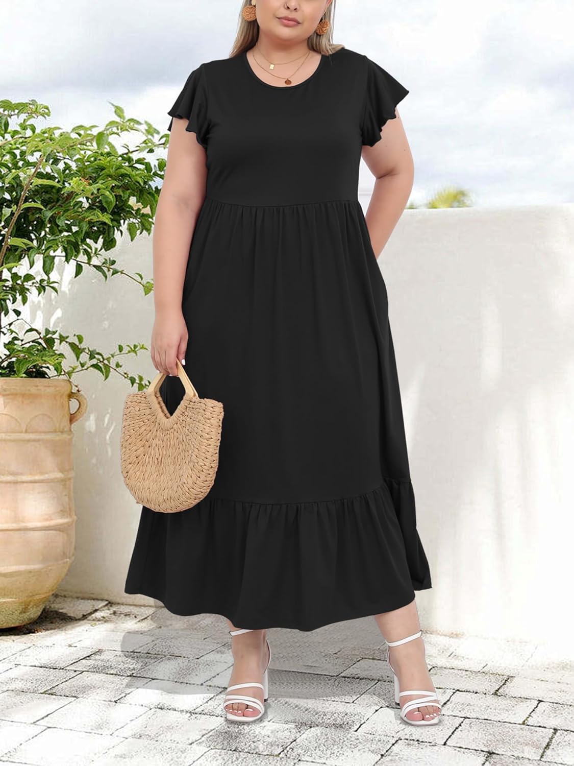 Women's 2025 Plus Size Casual Dress Crew Neck Ruffle Short
