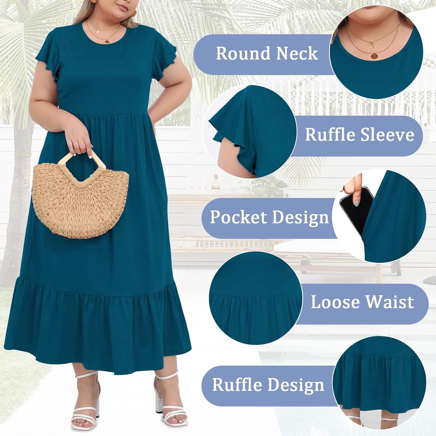 Women's 2025 Plus Size Casual Dress Crew Neck Ruffle Short