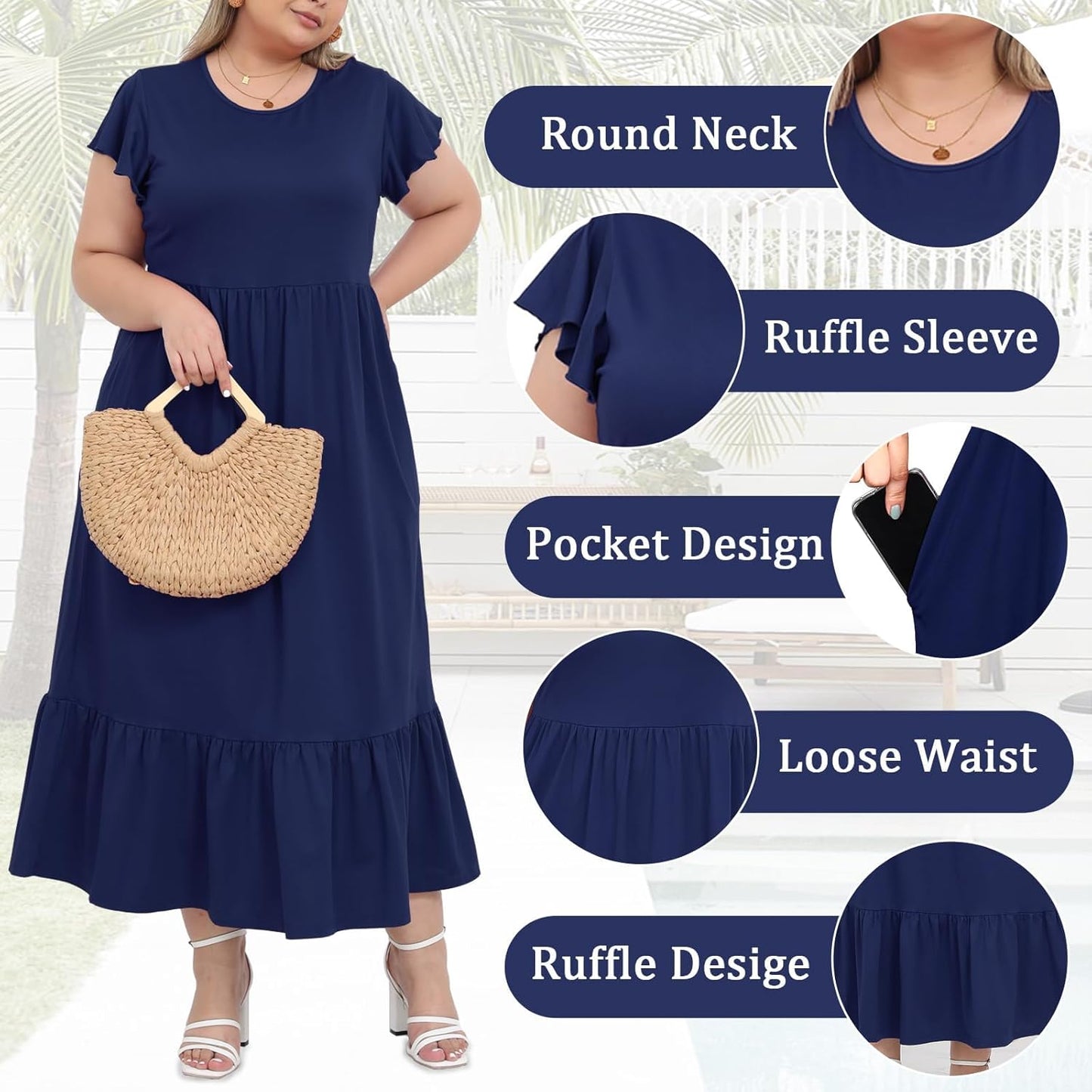 Women's 2025 Plus Size Casual Dress Crew Neck Ruffle Short