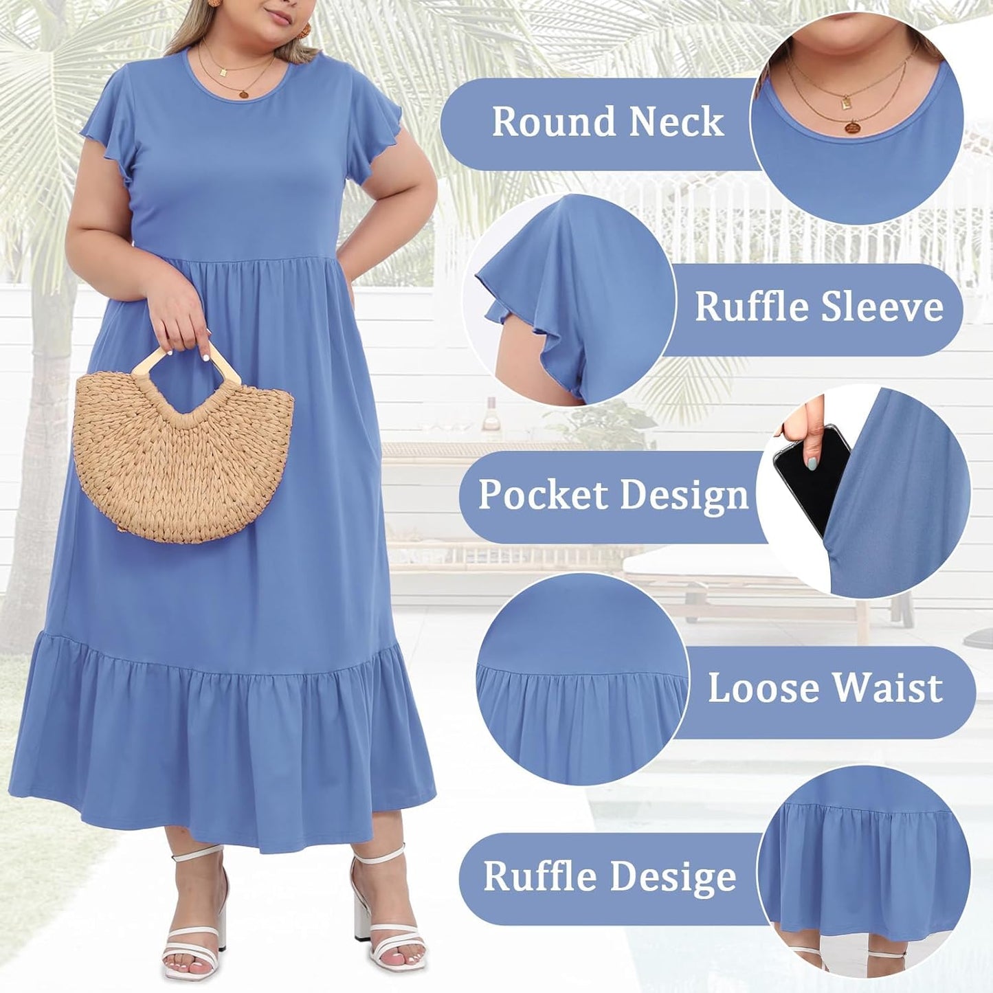 Women's 2025 Plus Size Casual Dress Crew Neck Ruffle Short