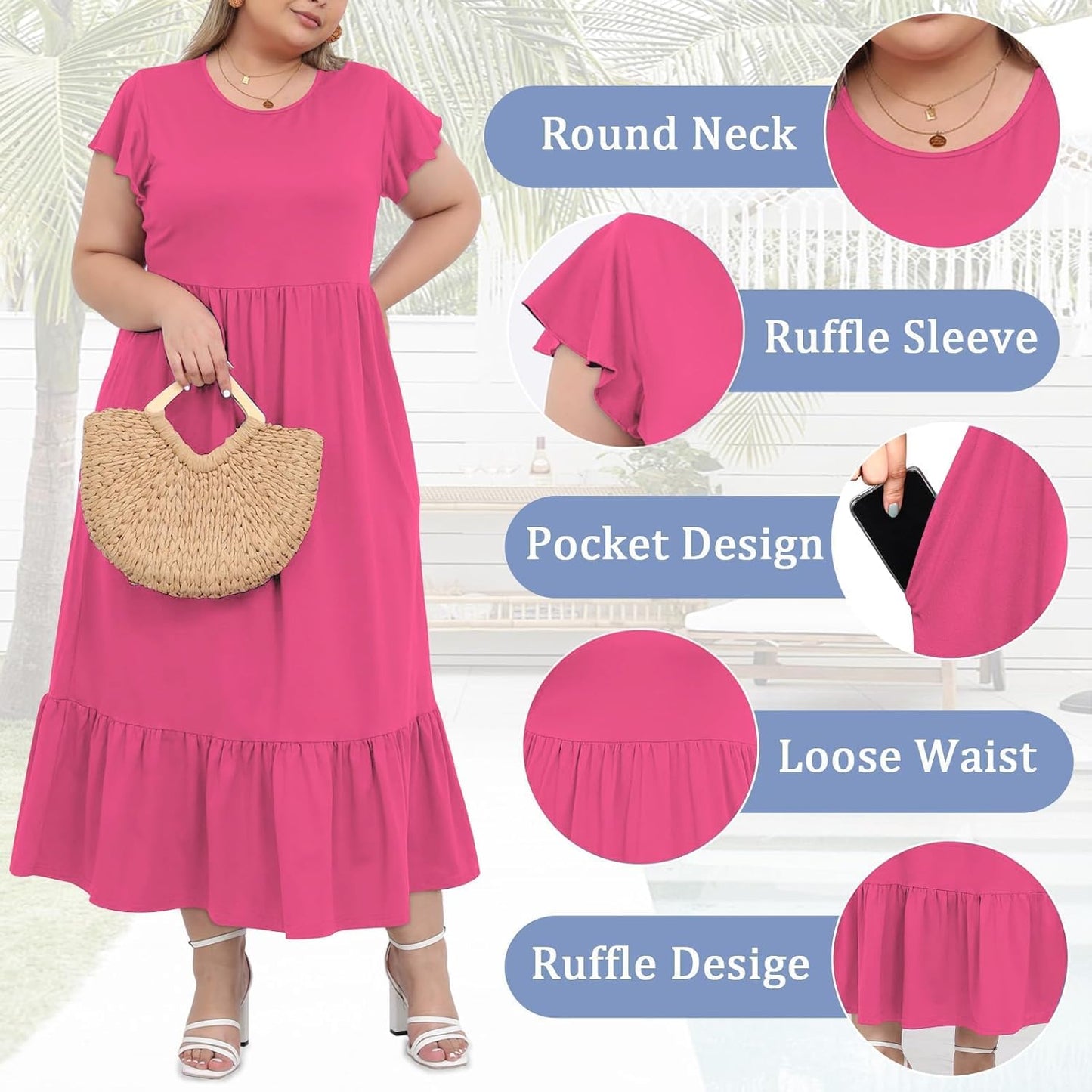 Women's 2025 Plus Size Casual Dress Crew Neck Ruffle Short