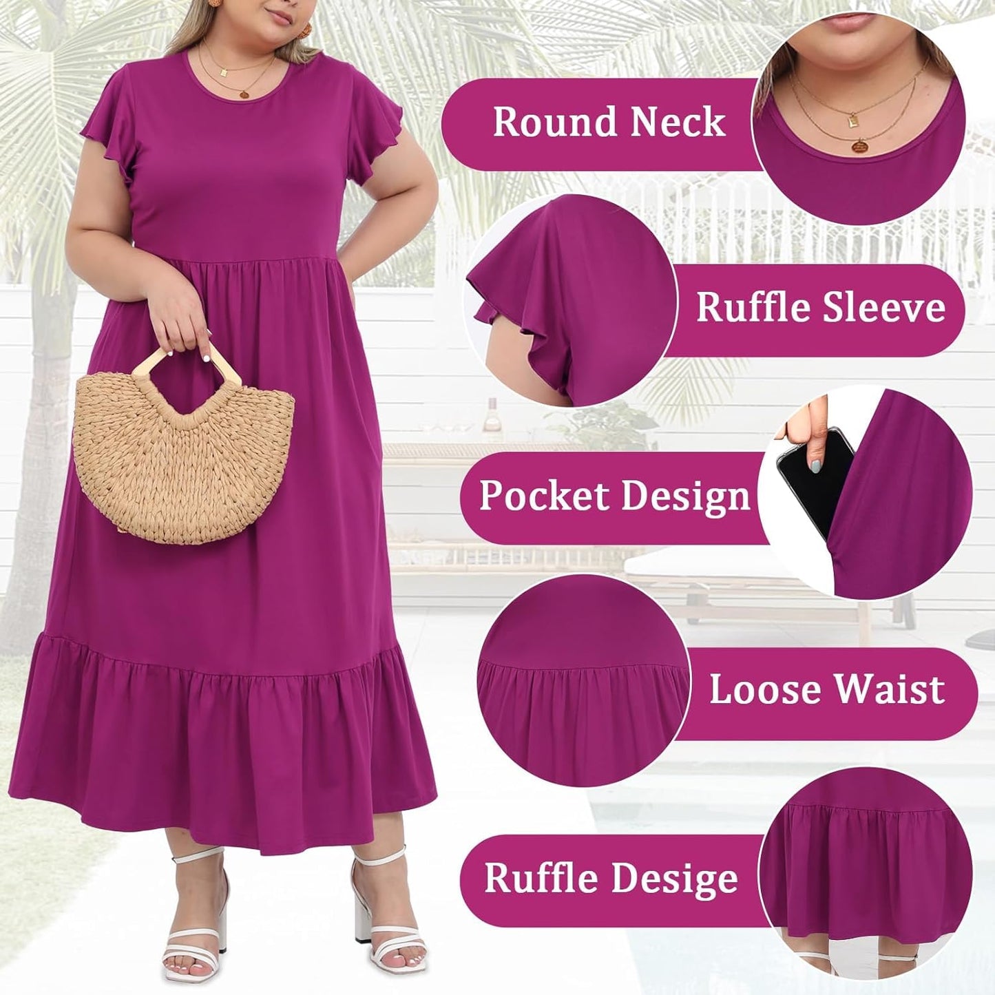 Women's 2025 Plus Size Casual Dress Crew Neck Ruffle Short