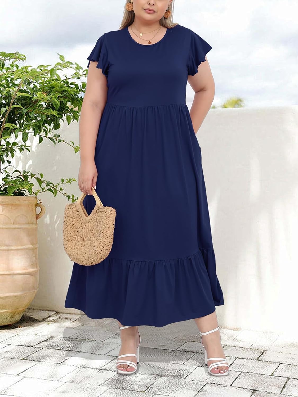 Women's 2025 Plus Size Casual Dress Crew Neck Ruffle Short