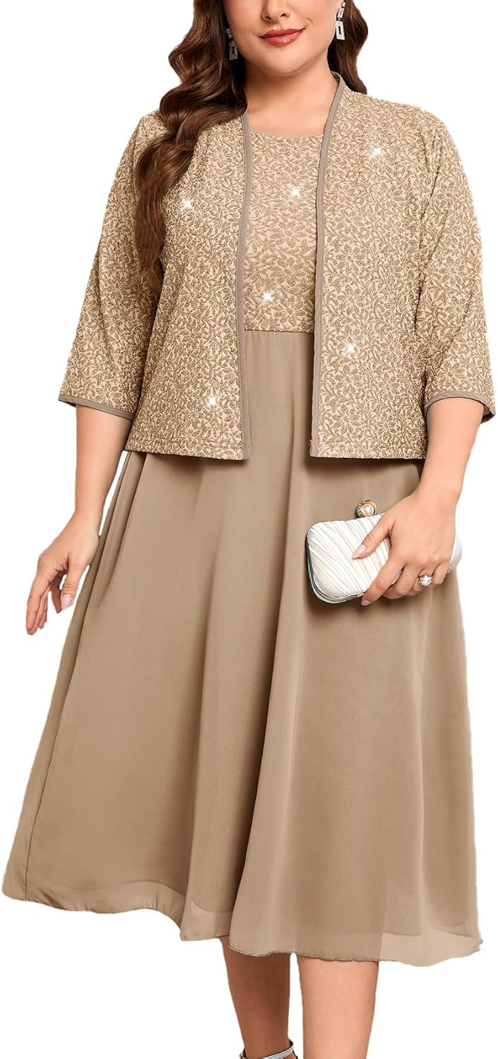 Plus Size Sparkly Mother of The Bride Dresses with Jacket 2 Piece