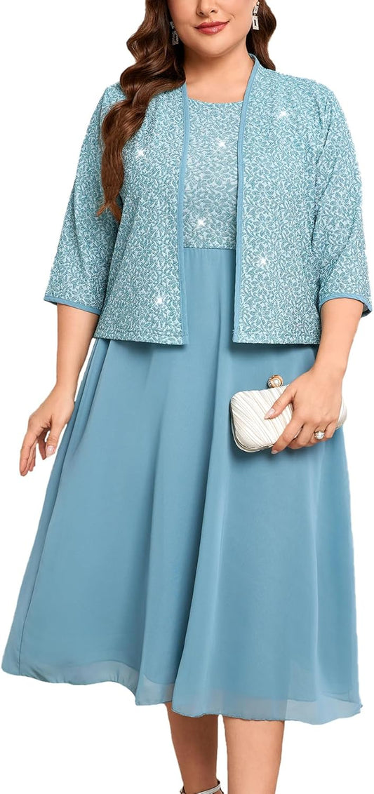 Plus Size Sparkly Mother of The Bride Dresses with Jacket 2 Piece