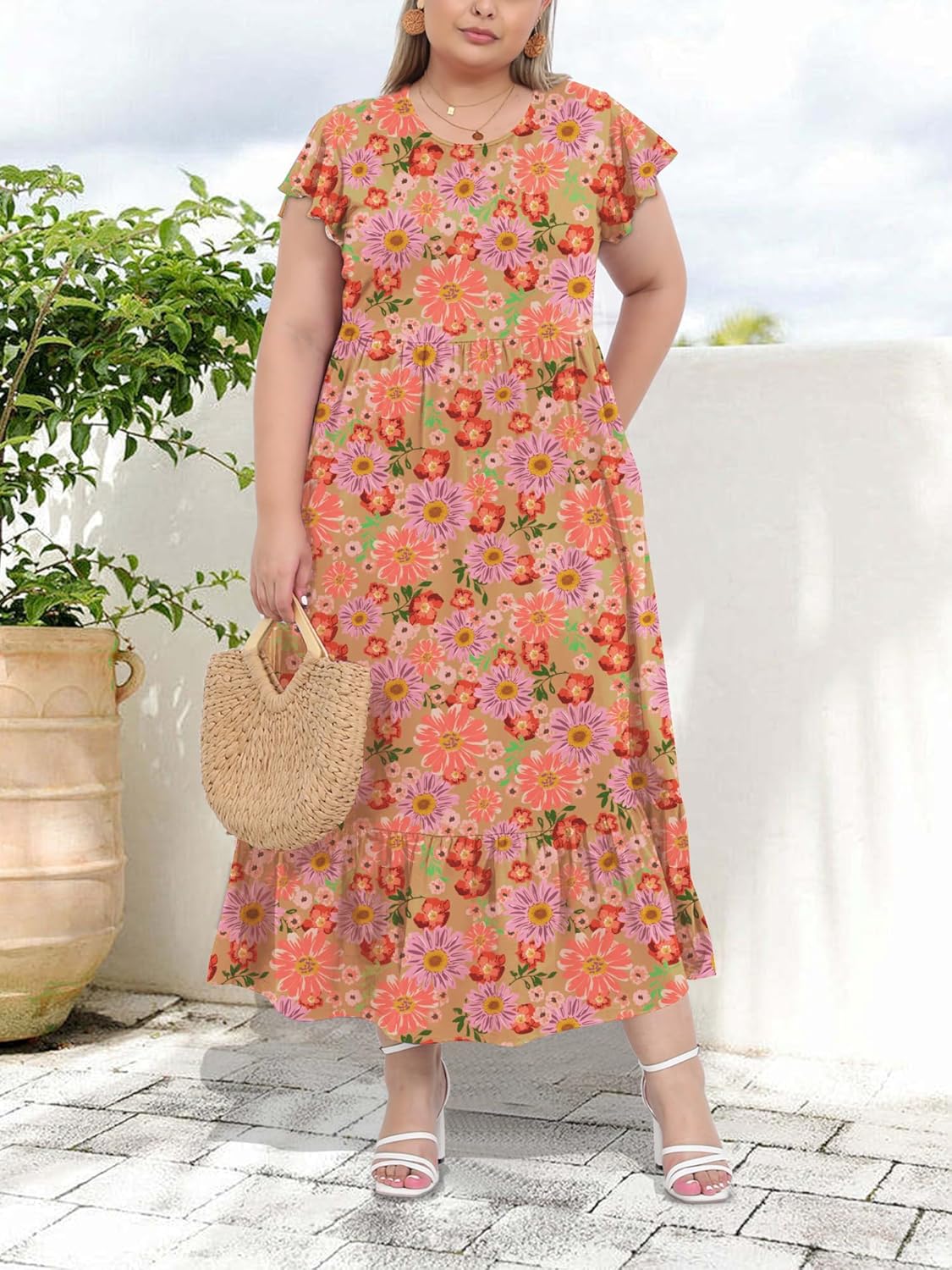 Women's 2025 Plus Size Casual Dress Crew Neck Ruffle Short