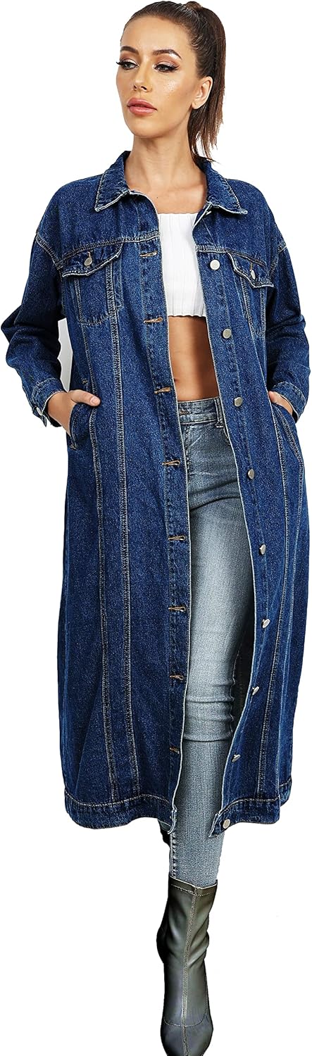 Womens Classic Jean Jacket Plus Size Loose Long Sleeve Button