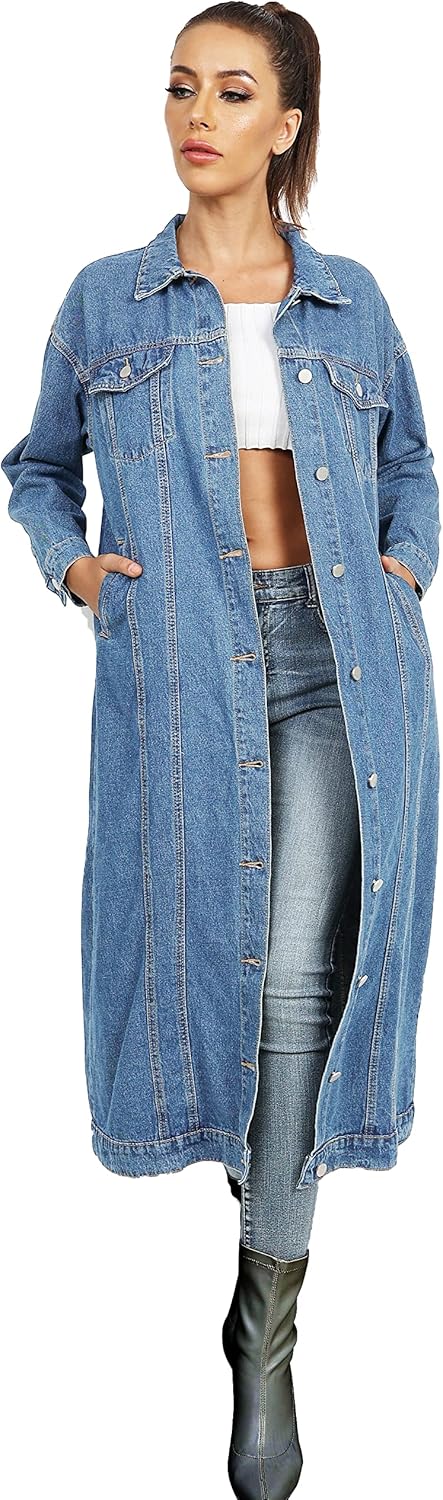 Womens Classic Jean Jacket Plus Size Loose Long Sleeve Button