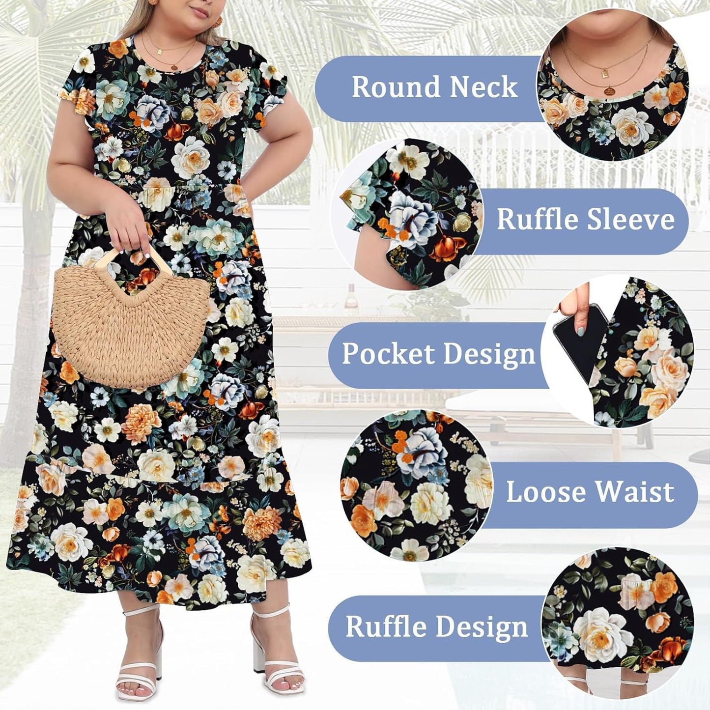 Women's 2025 Plus Size Casual Dress Crew Neck Ruffle Short
