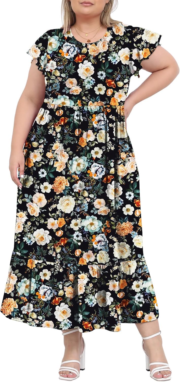 Women's 2025 Plus Size Casual Dress Crew Neck Ruffle Short