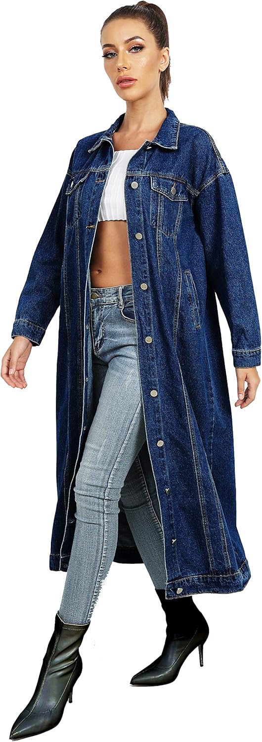 Womens Classic Jean Jacket Plus Size Loose Long Sleeve Button