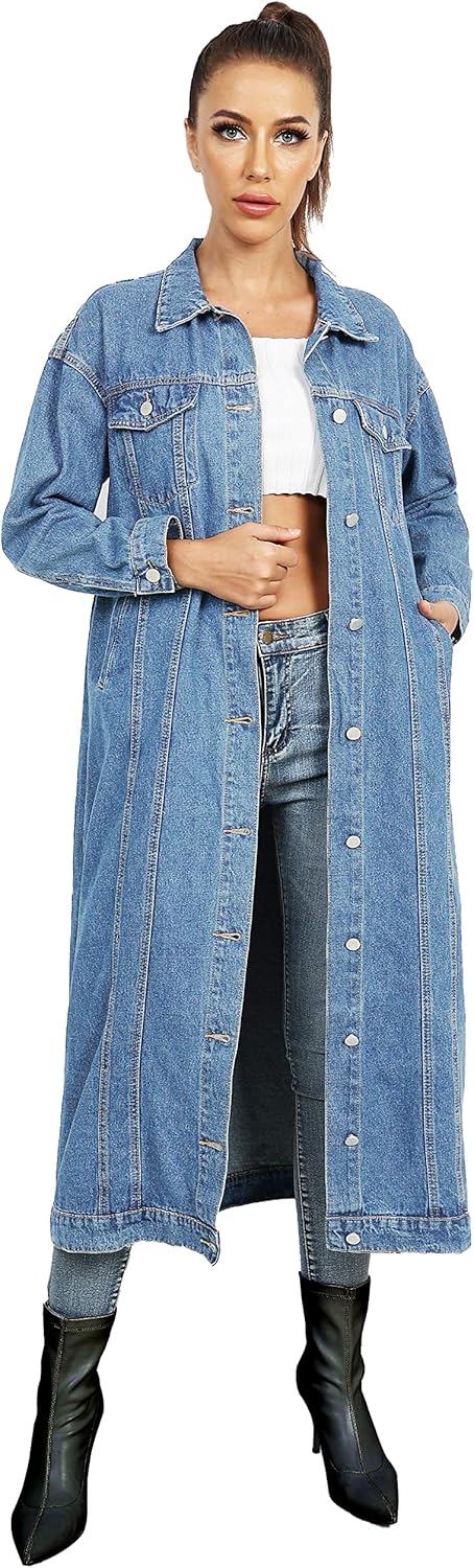 Womens Classic Jean Jacket Plus Size Loose Long Sleeve Button