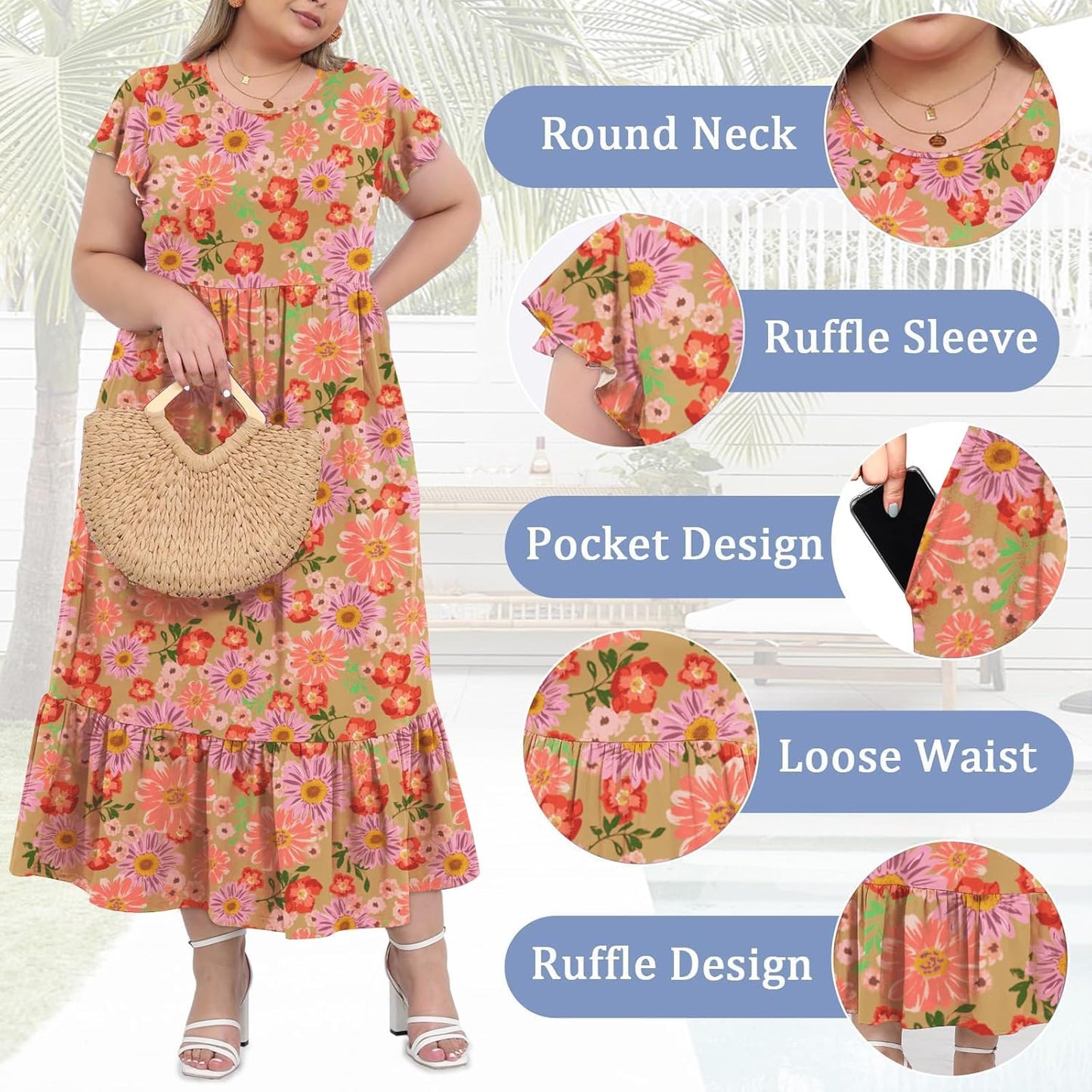 Women's 2025 Plus Size Casual Dress Crew Neck Ruffle Short