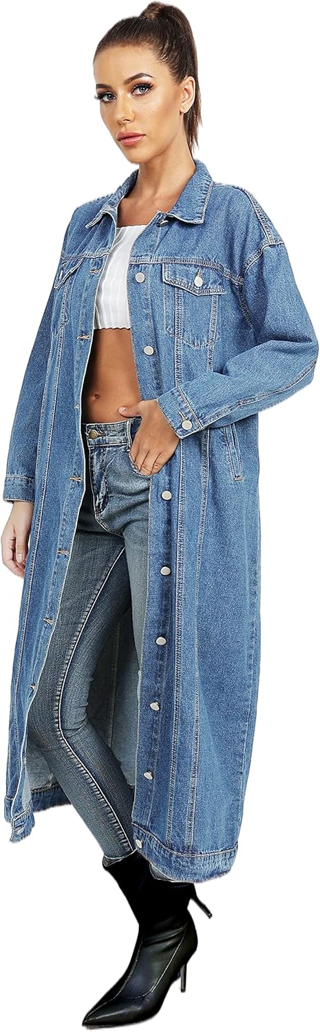 Womens Classic Jean Jacket Plus Size Loose Long Sleeve Button