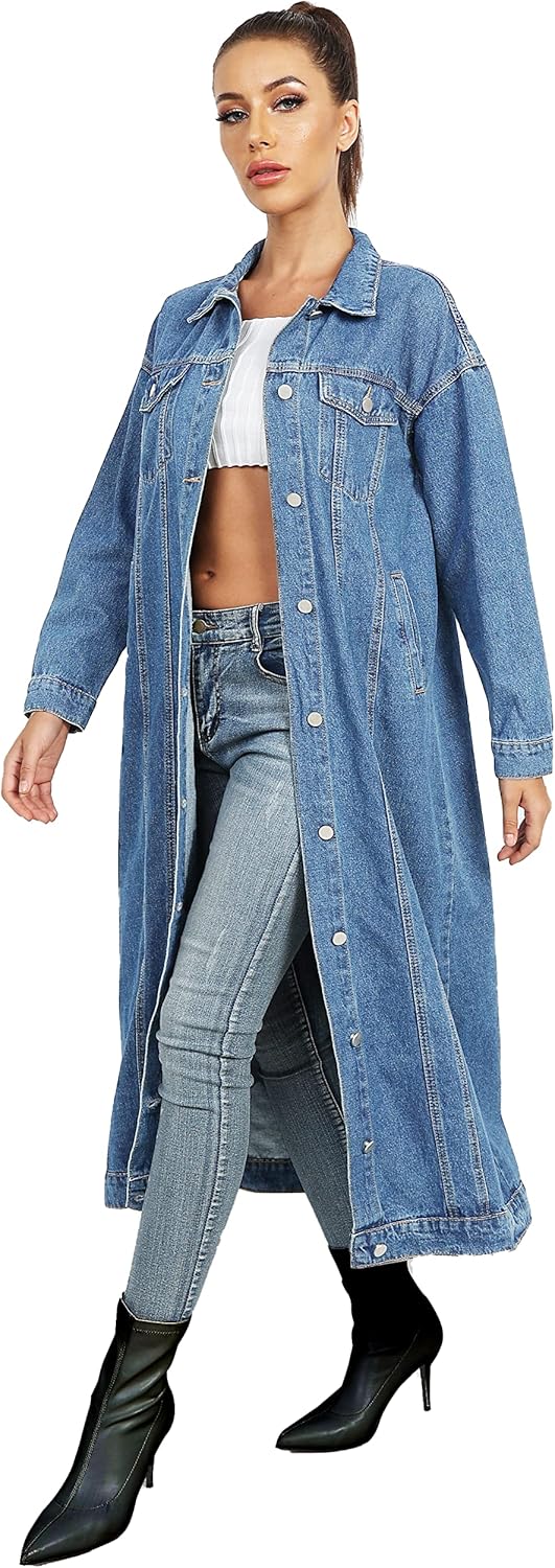 Womens Classic Jean Jacket Plus Size Loose Long Sleeve Button