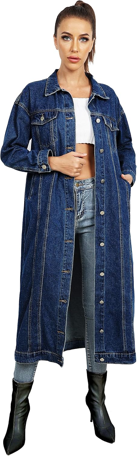 Womens Classic Jean Jacket Plus Size Loose Long Sleeve Button