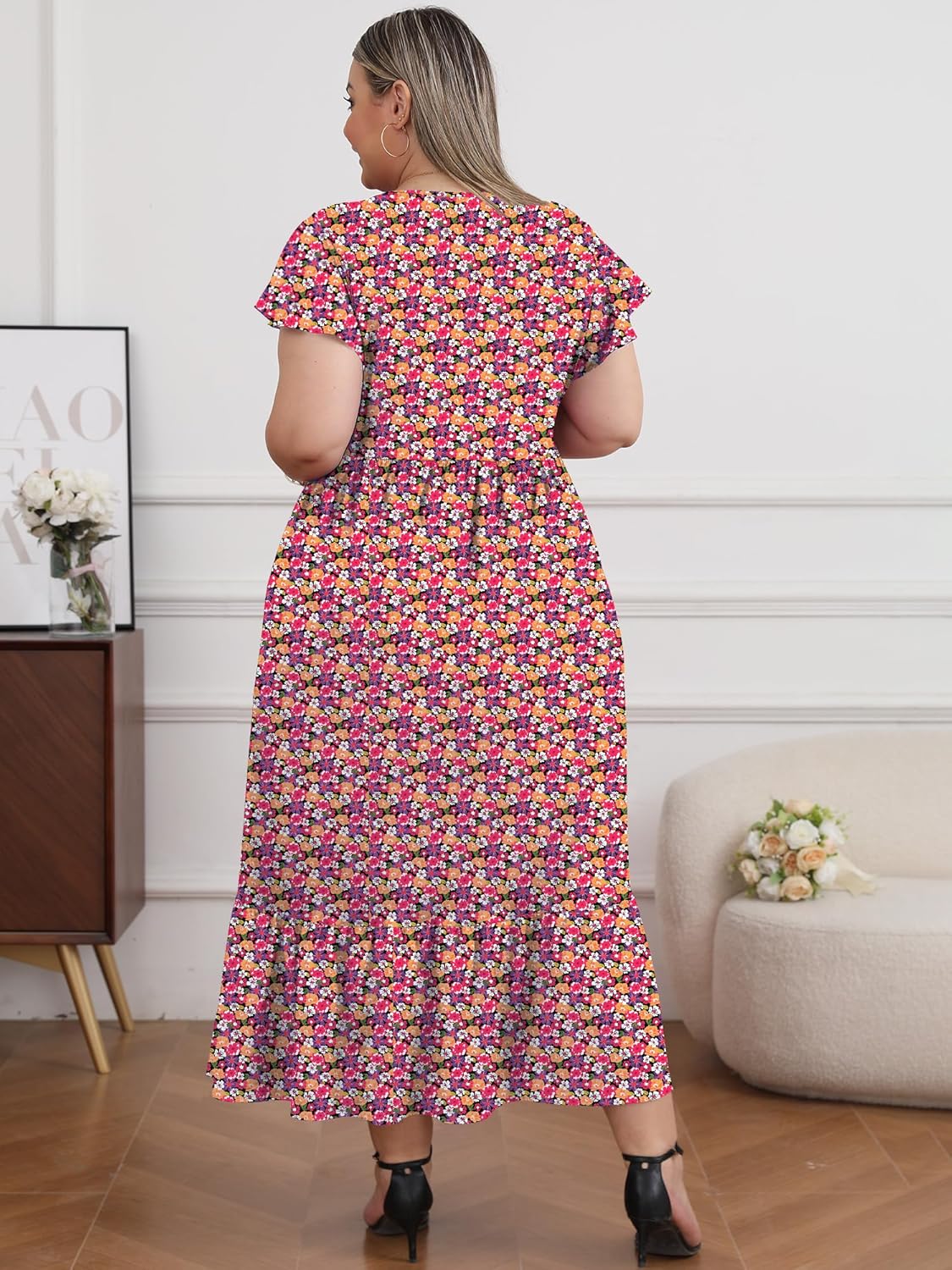 Women's 2025 Plus Size Casual Dress Crew Neck Ruffle Short